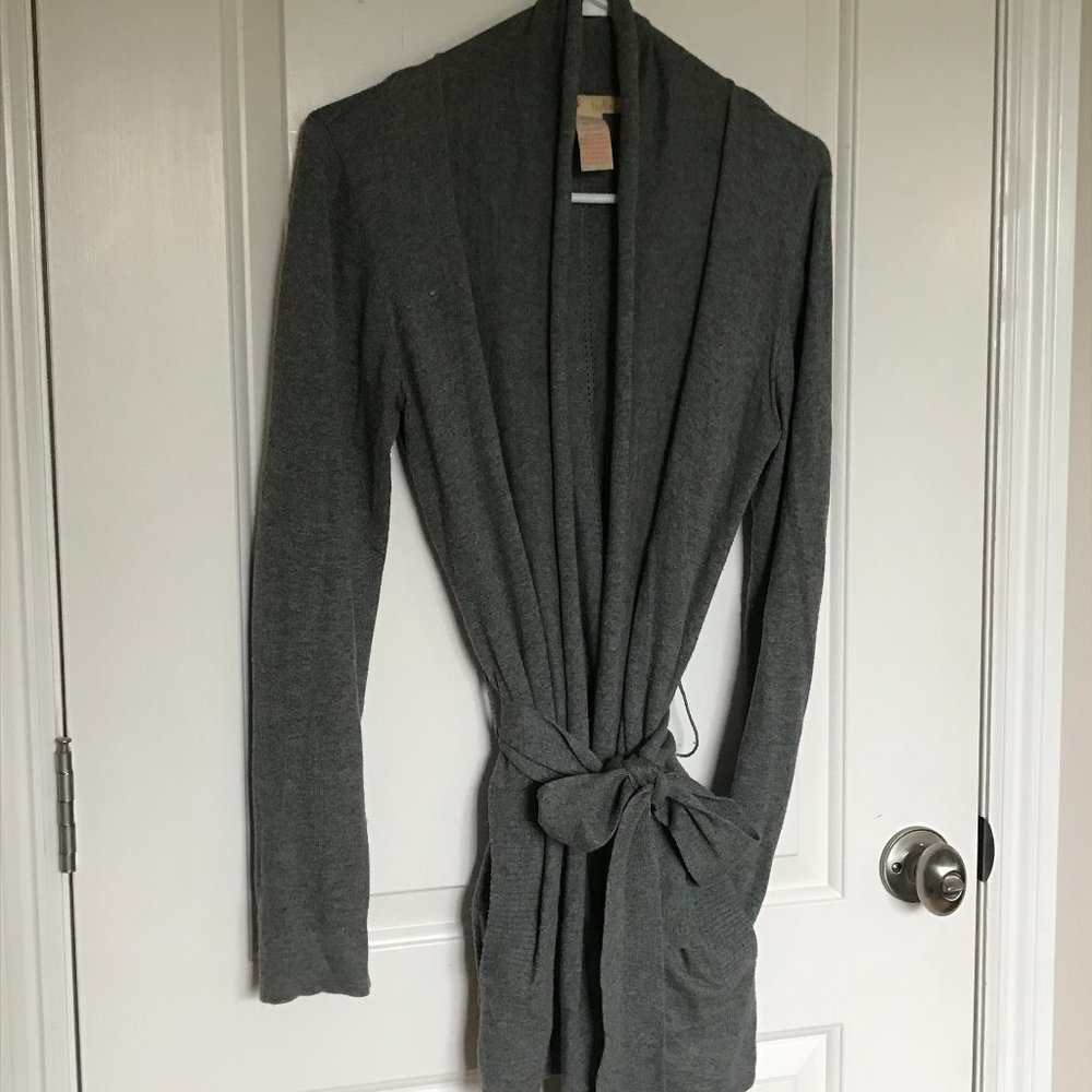 Gray Tulle Open Front Sweater with Pockets